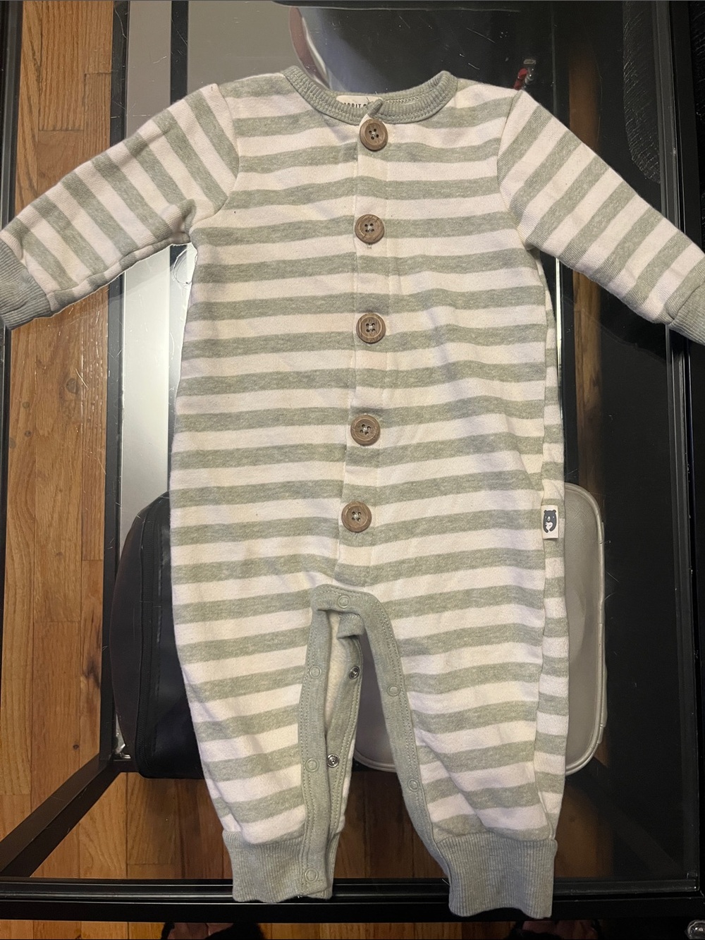 Striped Sage & White Baby Footie - Soft Button Front One-Piece